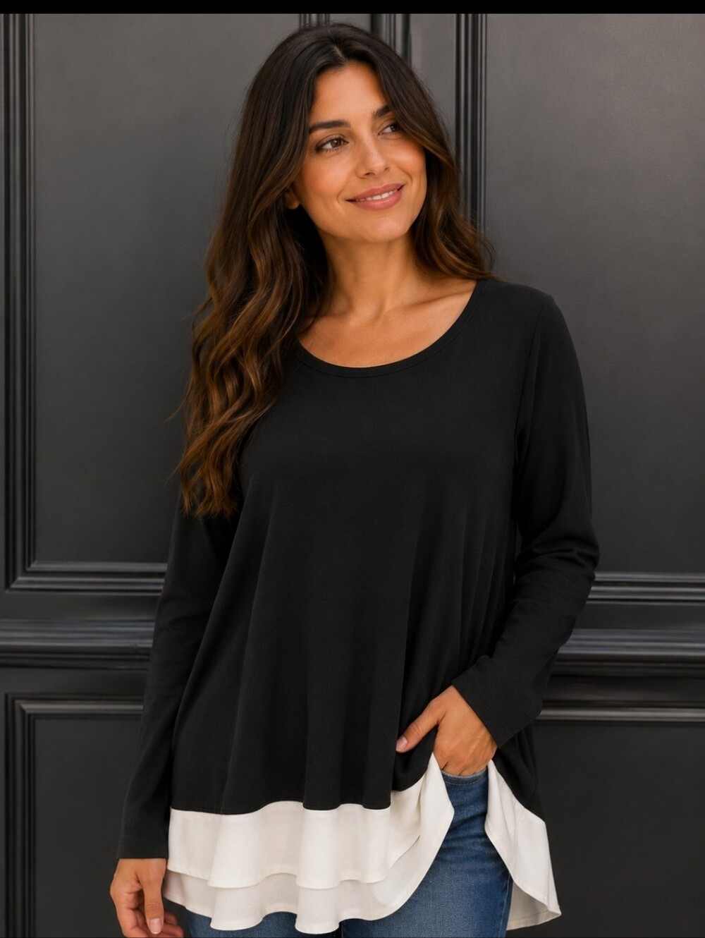 Susan Graver Black Tunic with White Layered Hem